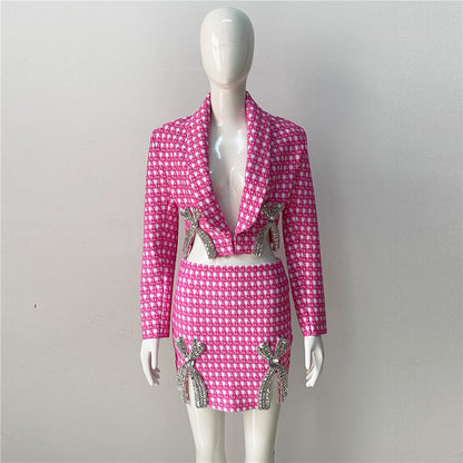 Niche Design Rhinestone Bow Knitted Coat Skirt Outfit See size chart under “more details” The Fashion Celestial