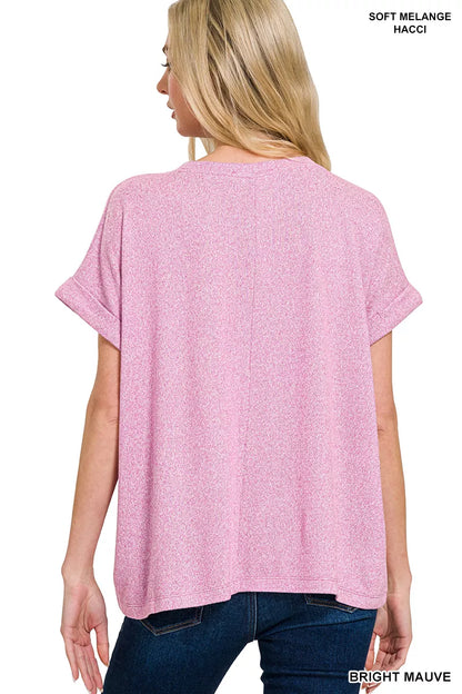 Zenana Soft Melange Hacci Short Sleeve Round Neck Top Montret