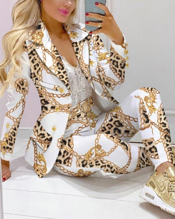 Women's Printed Coat & Trousers Two-Piece Set – 19 Prints, Casual Fashion Suit FitiqueFit