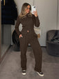 Women's Half-High-Neck Ribbed Knit Cardigan & Button-Front Trousers Set FitiqueFit