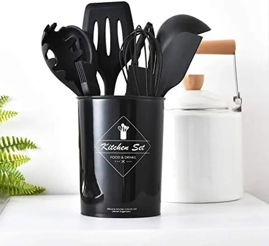 Premium Silicone Kitchen Utensil Set - Heat-Resistant Non-Stick Cooking Tools with Stylish Black Holder