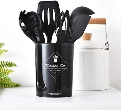 Premium Silicone Kitchen Utensil Set - Heat-Resistant Non-Stick Cooking Tools with Stylish Black Holder