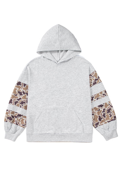 Light Grey Camouflage Patchwork Asymmetric Sleeve Plus Size Hoodie Garden Naked Curves