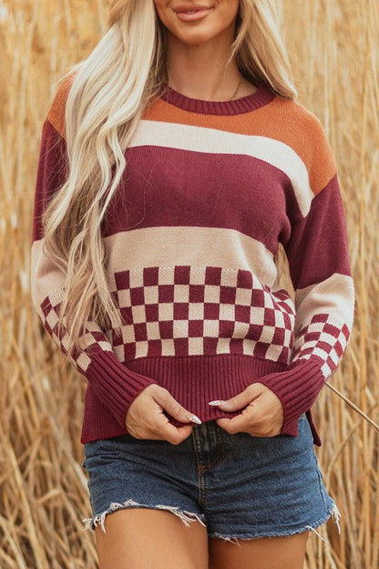 Checker Colorblock Knitted Drop Shoulder Sweater Shop Style & More | Fresh Looks, Everyday Deals & Free Shipping