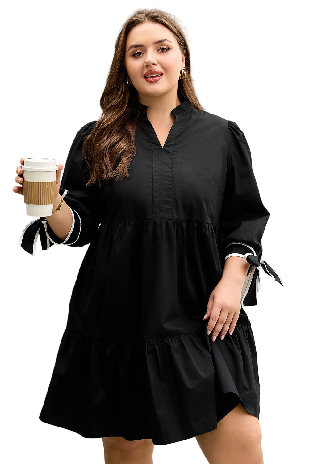 Black Contrast Trim Knot Cuffs Plus Size V Neck Mini Dress Garden Naked Curves