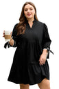 Black Contrast Trim Knot Cuffs Plus Size V Neck Mini Dress Garden Naked Curves