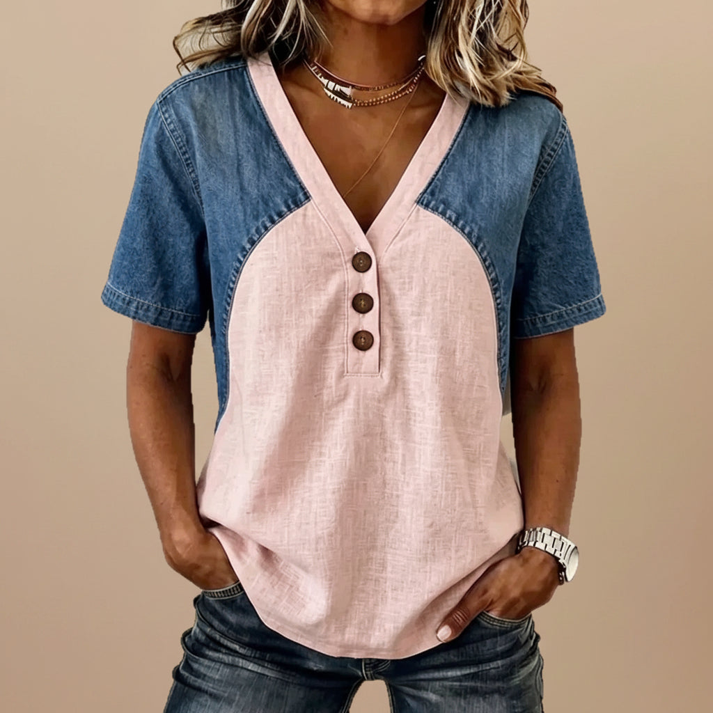 Women's Loose Denim Patchwork Color-Block T-Shirt FitiqueFit