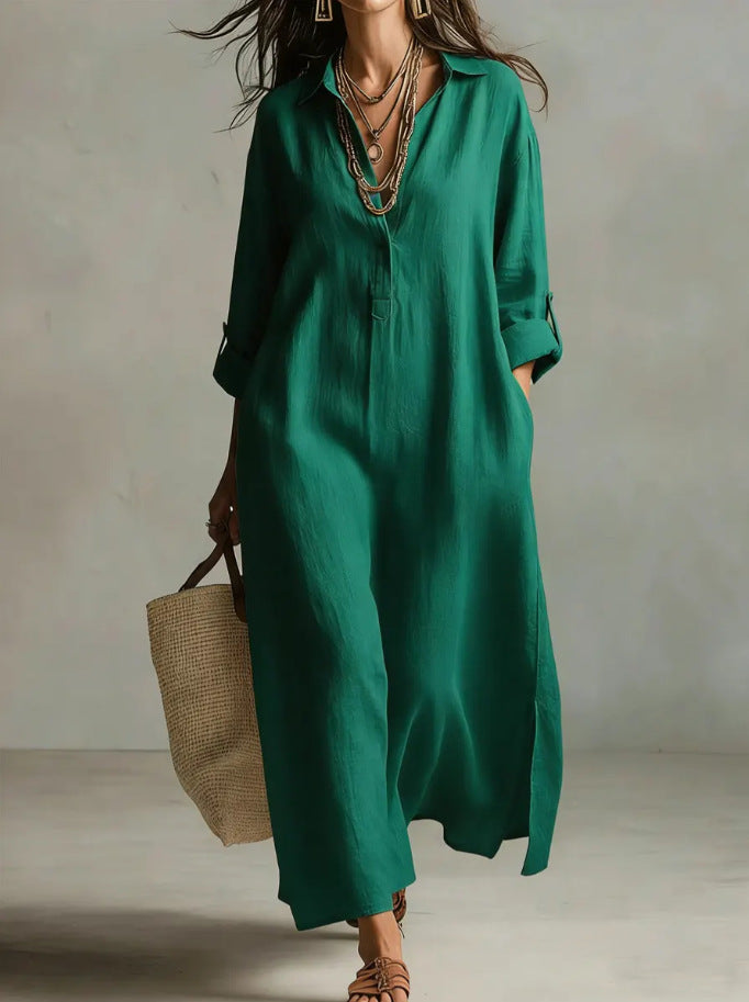 Women's Casual Long-Sleeve Linen Shirt Dress – Relaxed Fit FitiqueFit