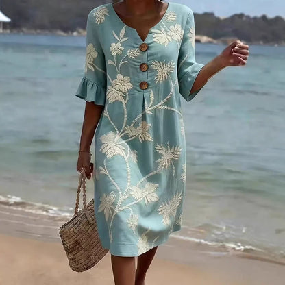 Women's Resort V-Neck Coconut Print Loose Three-Quarter Sleeve Dress FitiqueFit