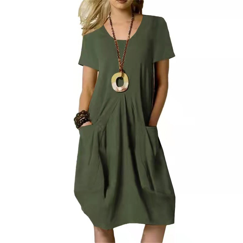 Cotton And Linen Solid Color Loose Round Neck Short Sleeve Dress Grayceful LLC