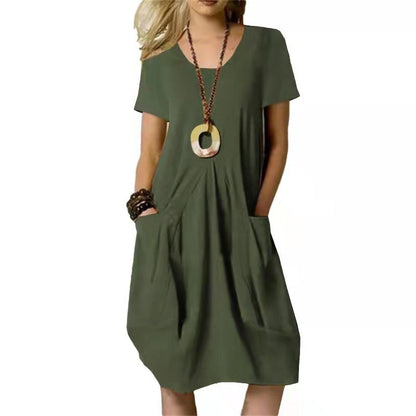 Cotton And Linen Solid Color Loose Round Neck Short Sleeve Dress Grayceful LLC