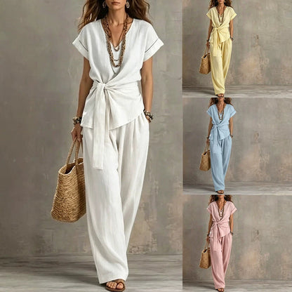 Women's V-Neck Short-Sleeve Top & Pants Two-Piece Set FitiqueFit