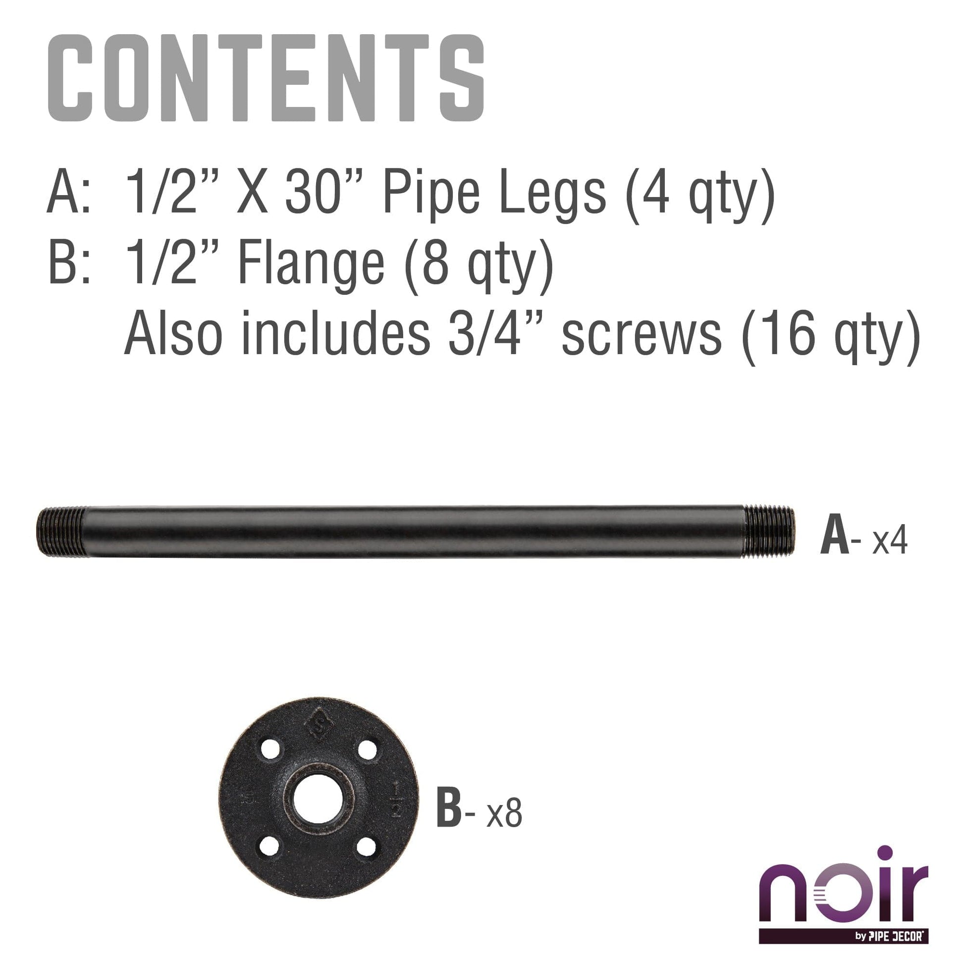 1 in. x 30 in.  Noir Black Round Flange Pipe Table Legs - 4 Pack PIPE DECOR