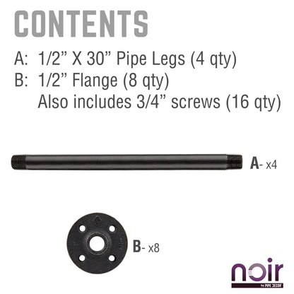 1 in. x 30 in.  Noir Black Round Flange Pipe Table Legs - 4 Pack PIPE DECOR