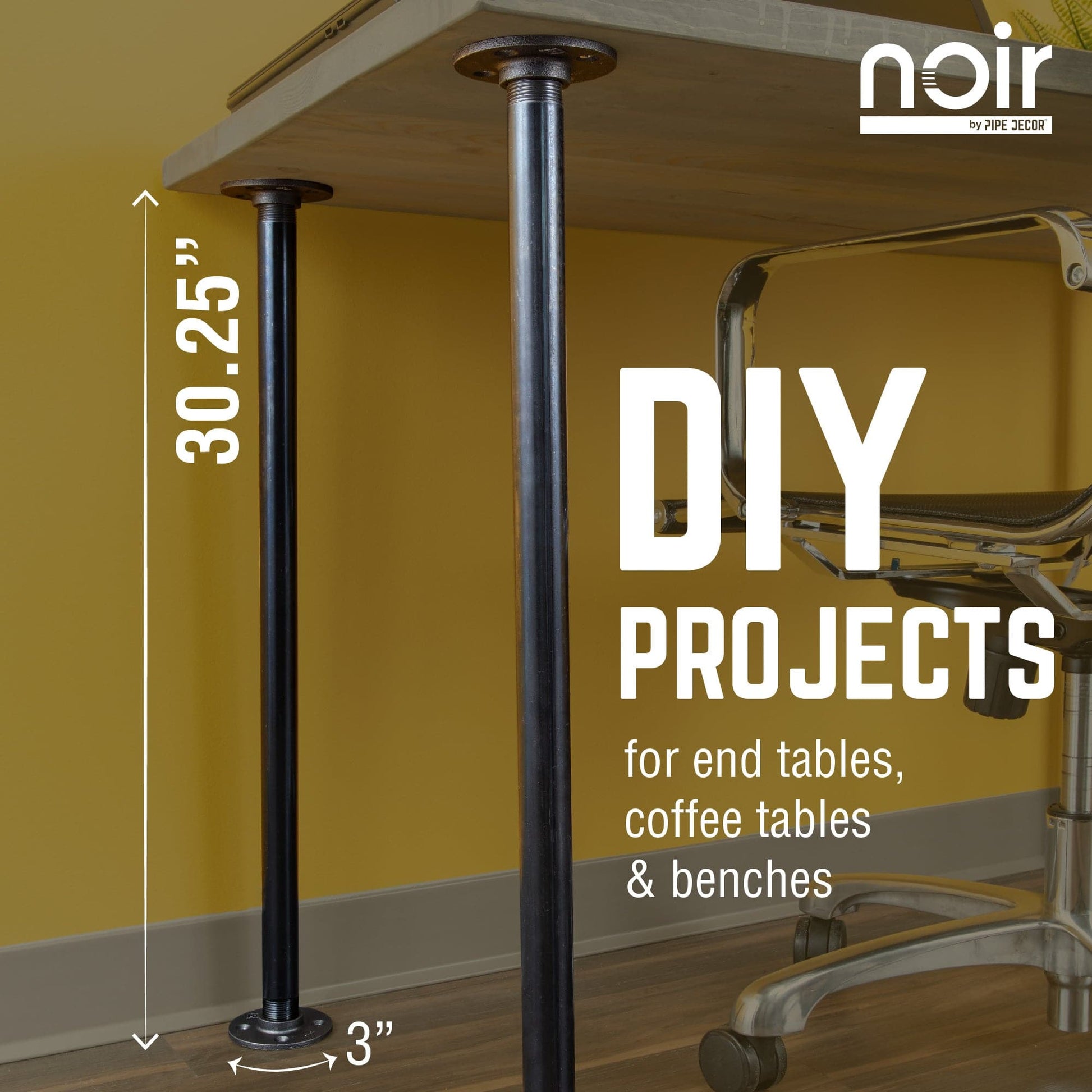 1 in. x 30 in.  Noir Black Round Flange Pipe Table Legs - 4 Pack PIPE DECOR