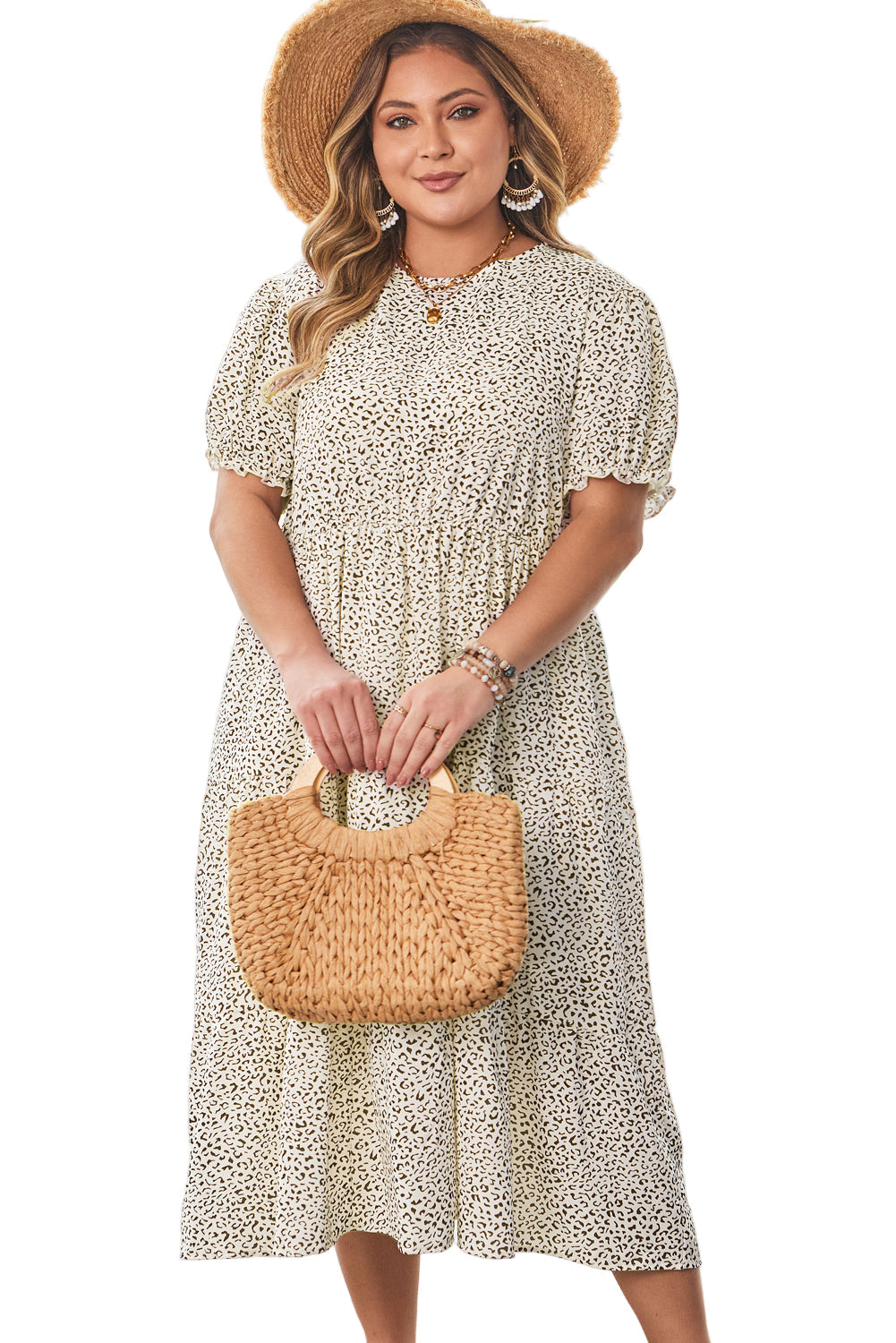 Beige Plus Size Leopard Print Frill Trim Short Sleeve Flared Dress Garden Naked Curves