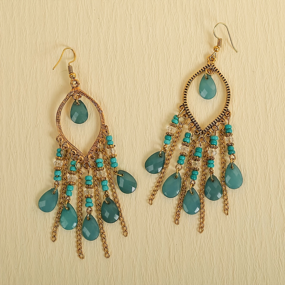 Hollow Teardrop Natural Stone Chain Design Dangle Earrings Alloy Jewelry Exquisite Female Gift Tourism Souvenir NovaCart