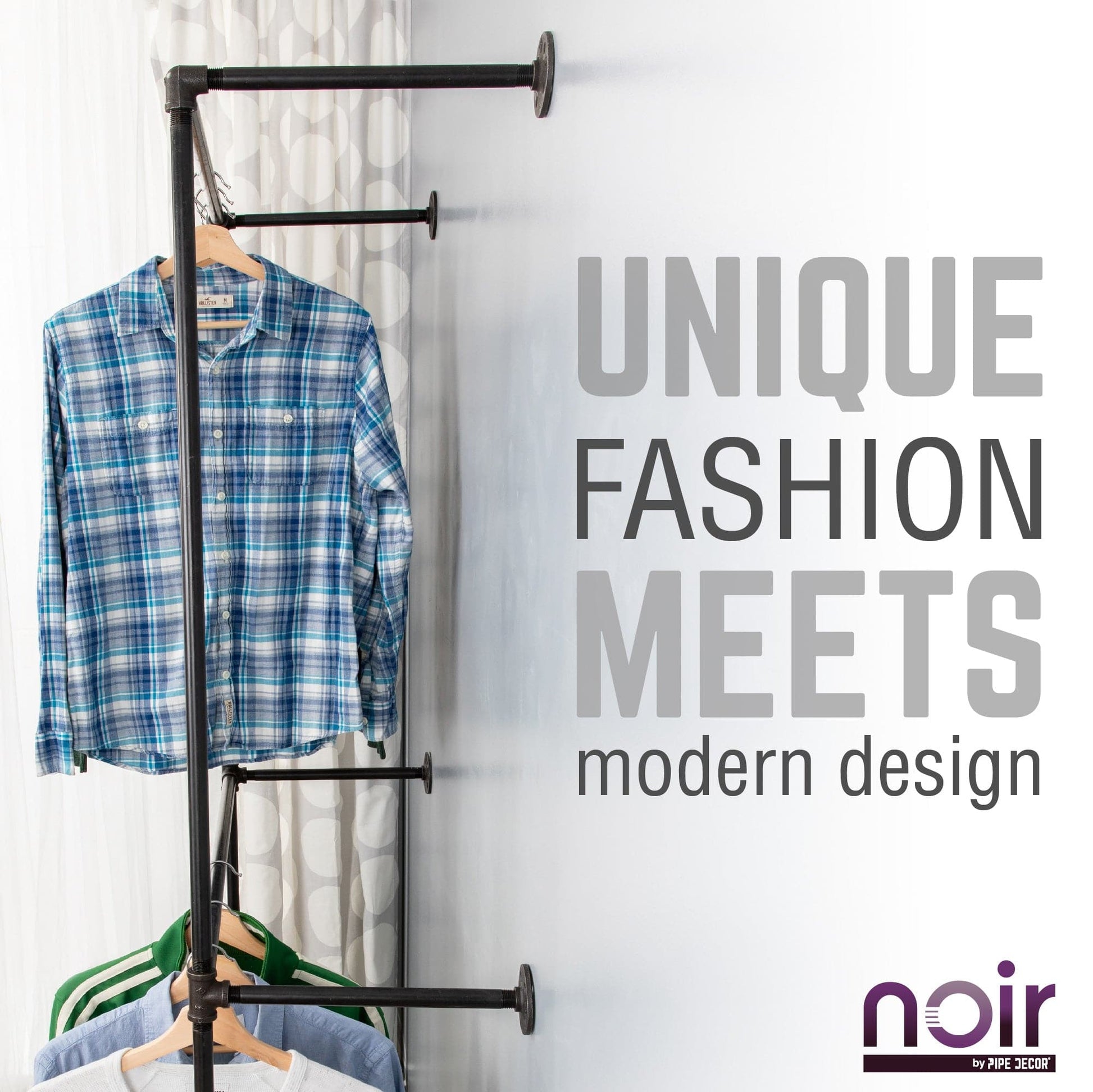 Noir Black Wall Mounted Double Hung Clothing Rack PIPE DECOR
