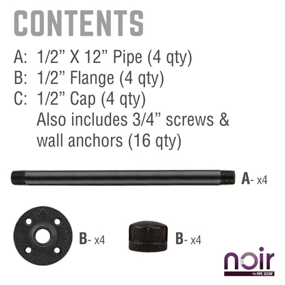 1/2 in. x 12 in. Noir Black Clothing Hanging Bracket Kit, 4 Pack PIPE DECOR