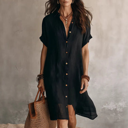 Women's Buttoned Midi Shirt Dress – Short Sleeve Cotton Linen FitiqueFit