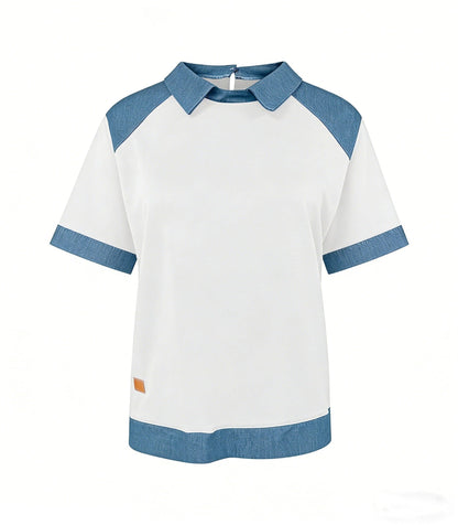 Patchwork Knitted Shirt Short-Sleeve Lapel Button-Up Shirt For Women FitiqueFit