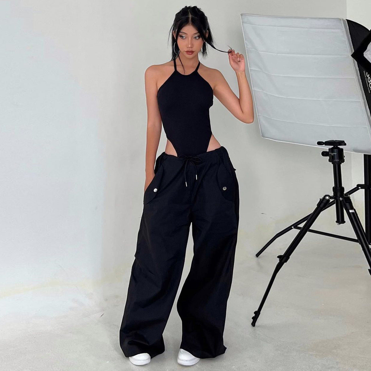 Women's High-Waist Lace-Up Straight-Leg Cargo Pants – Loose Fit FitiqueFit