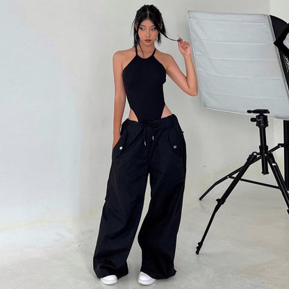 Women's High-Waist Lace-Up Straight-Leg Cargo Pants – Loose Fit FitiqueFit