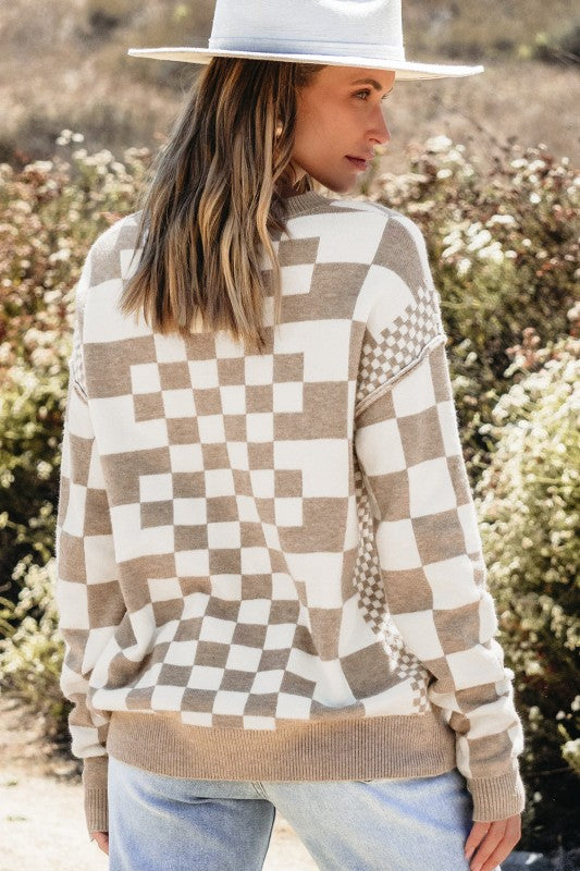 Checker Round Neck Drop Shoulder Sweater Shop Style & More | Fresh Looks, Everyday Deals & Free Shipping