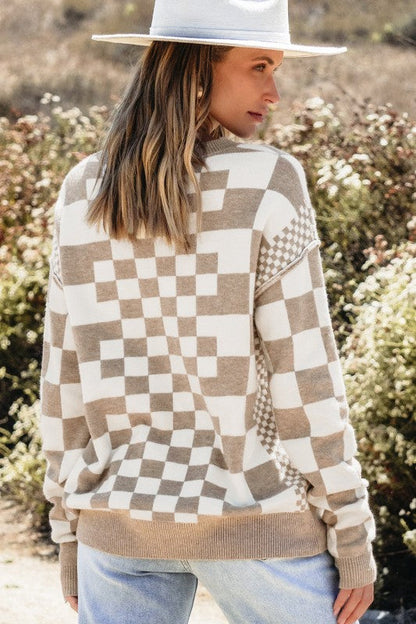 Checker Round Neck Drop Shoulder Sweater Shop Style & More | Fresh Looks, Everyday Deals & Free Shipping