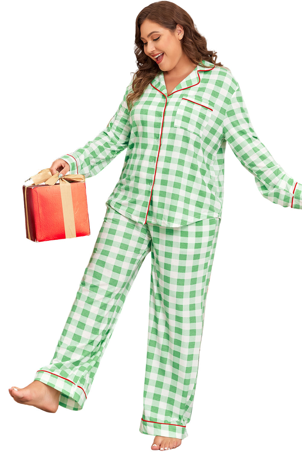 Green Plaid Print Contrast Trim Long Sleeve Plus Size Pajama Set Garden Naked Curves