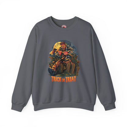 Axe Wielding Zombie Trick or Treat Crewneck Sweatshirt The Devil's Pickle
