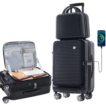 Carry-on Luggage 20 Inch Front Open Luggage Lightweight Suitcase with Front Pocket and USB Port, 1 Portable Carrying Case Black
