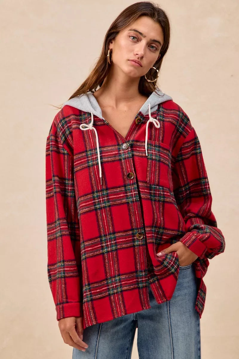 BiBi Brushed Plaid Hooded Jacket FitiqueFit