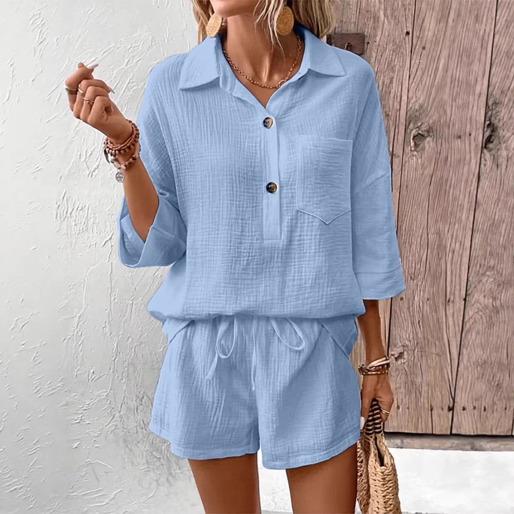 Women's Lapel Collar Double-Panel Shirt & Shorts Two-Piece Set FitiqueFit