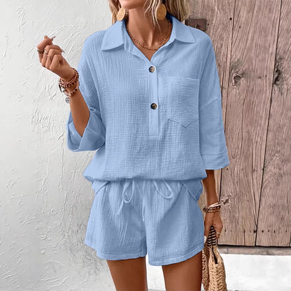 Women's Lapel Collar Double-Panel Shirt & Shorts Two-Piece Set FitiqueFit