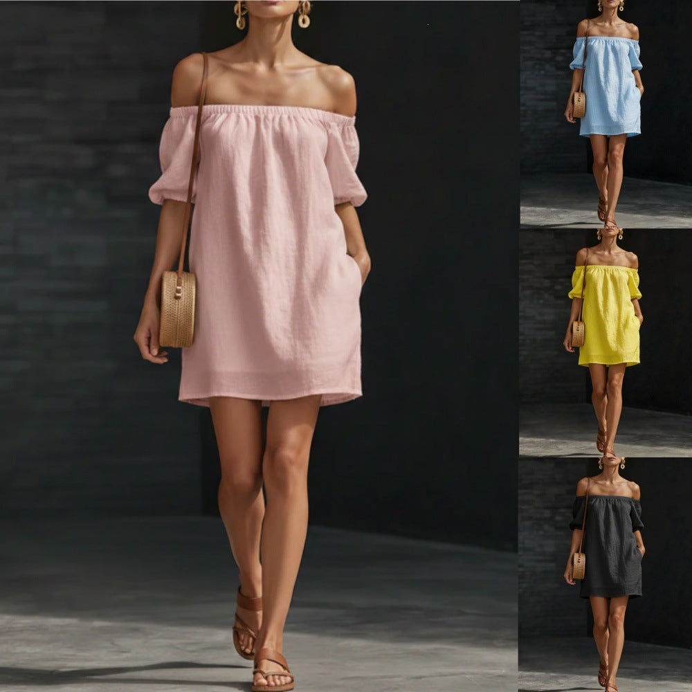 Women's Cotton-Linen Off-Shoulder Puff-Sleeve Loose Mini Dress FitiqueFit