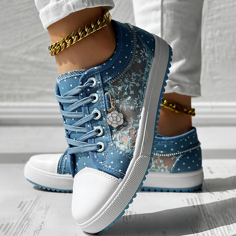 Floral Embroidered Polka Dot Print Sneakers — Women’s Casual Canvas Shoes FitiqueFit