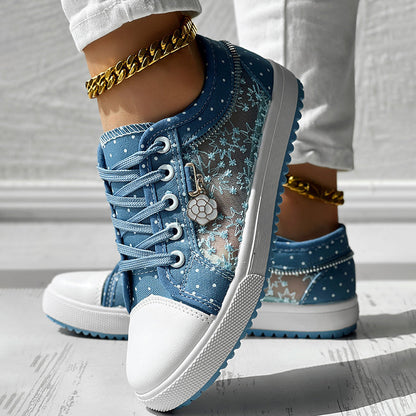 Floral Embroidered Polka Dot Print Sneakers — Women’s Casual Canvas Shoes FitiqueFit