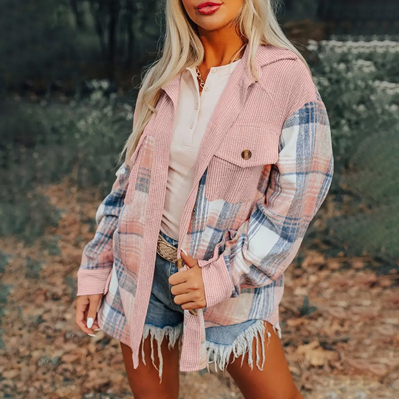 Women's Notch Lapel Check Print Long Sleeve Shirt FitiqueFit