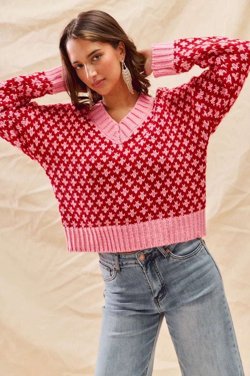 SO ME Color Block Textured Christmas Sweater V Neck Top FitiqueFit