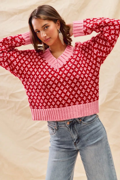 SO ME Color Block Textured Christmas Sweater V Neck Top FitiqueFit