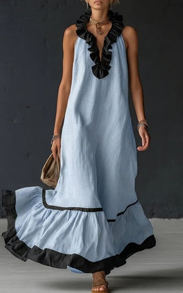 Women's Resort Linen Maxi Dress – Halter Neck Ruffle A-Line Boho FitiqueFit