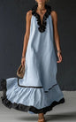 Women's Resort Linen Maxi Dress – Halter Neck Ruffle A-Line Boho FitiqueFit