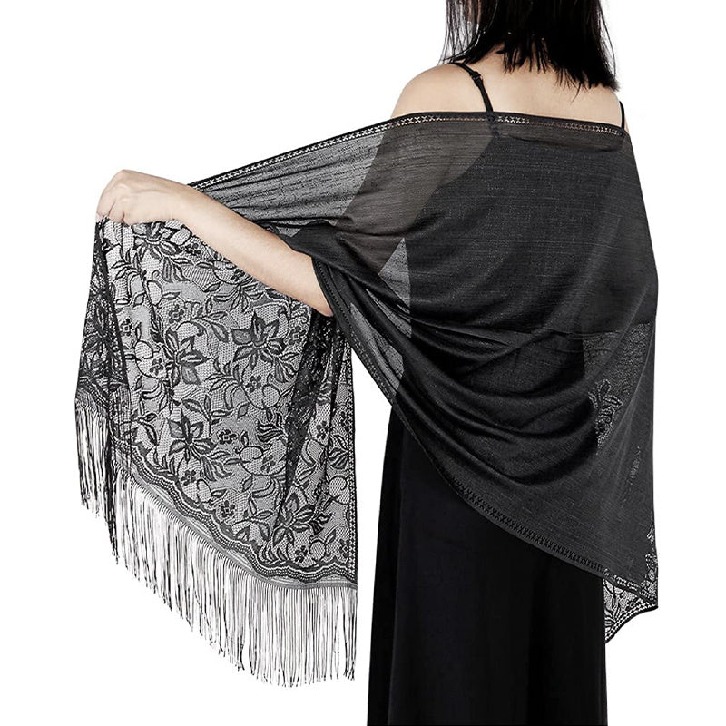 Women's Casual Shawl Wrap - Solid Color, Lightweight Polyester Knit - Going Out Essentials | Fringe Trim | Floral Lace Details NovaCart