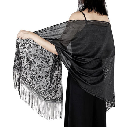 Women's Casual Shawl Wrap - Solid Color, Lightweight Polyester Knit - Going Out Essentials | Fringe Trim | Floral Lace Details NovaCart