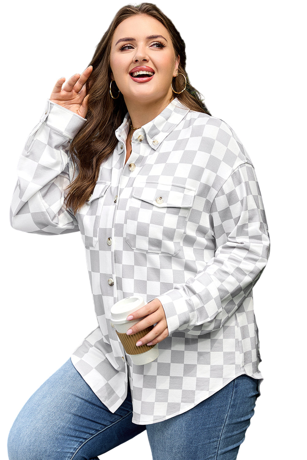 Khaki Plus Size Checkered Buttoned Down Casual Western Jacket Garden Naked Curves