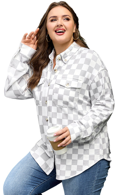 Khaki Plus Size Checkered Buttoned Down Casual Western Jacket Garden Naked Curves