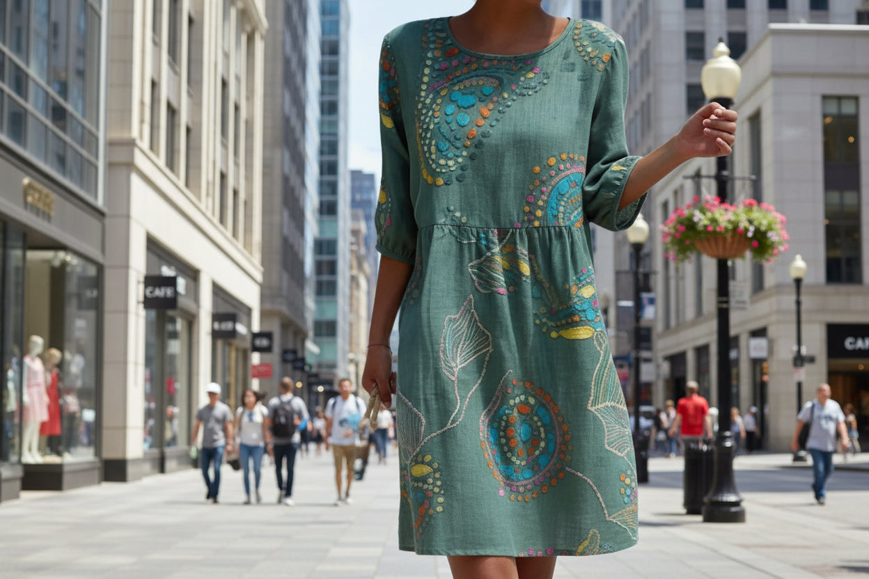 Women's 3D Floral Print Long-Sleeve A-Line Dress – Crew Neck Loose Fit FitiqueFit