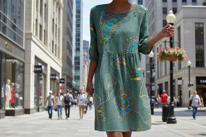 Women's 3D Floral Print Long-Sleeve A-Line Dress – Crew Neck Loose Fit FitiqueFit