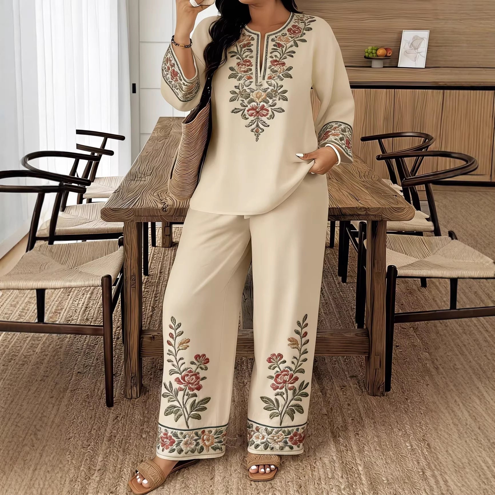 Women’s Ethnic Two Piece Set with Long Sleeve Shirt and Cropped Pants FitiqueFit